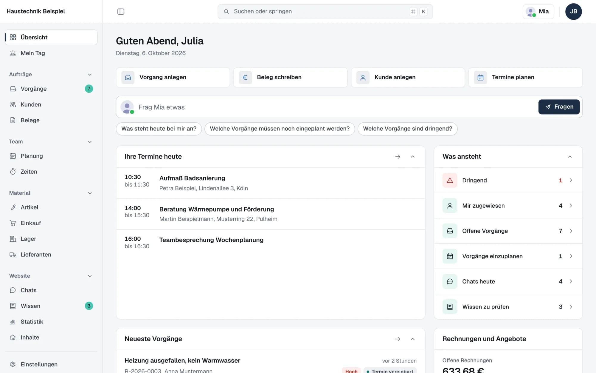 Startseite des Portals mit den Terminen des Tages, offenen Aufgaben und einem Eingabefeld für die KI-Assistentin